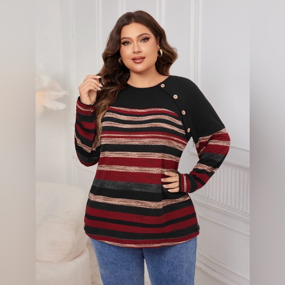 Plus Size Decorative Button Striped Round Neck Long Sleeve T-Shirt - Picture 3 of 7